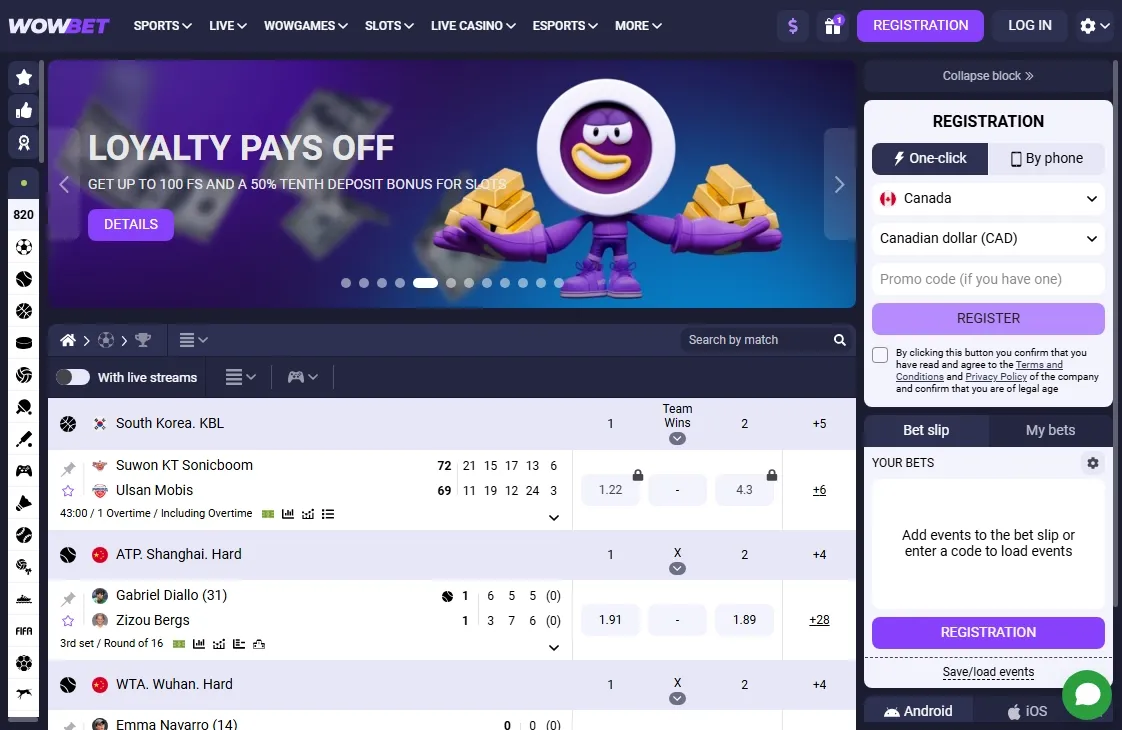 WOWBet sports betting screen with football odds and a bet slip