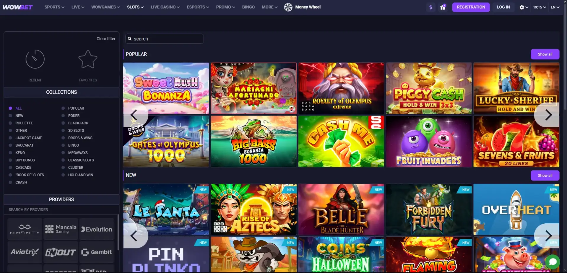 WOWBet casino lobby showing slots, live tables and crash games