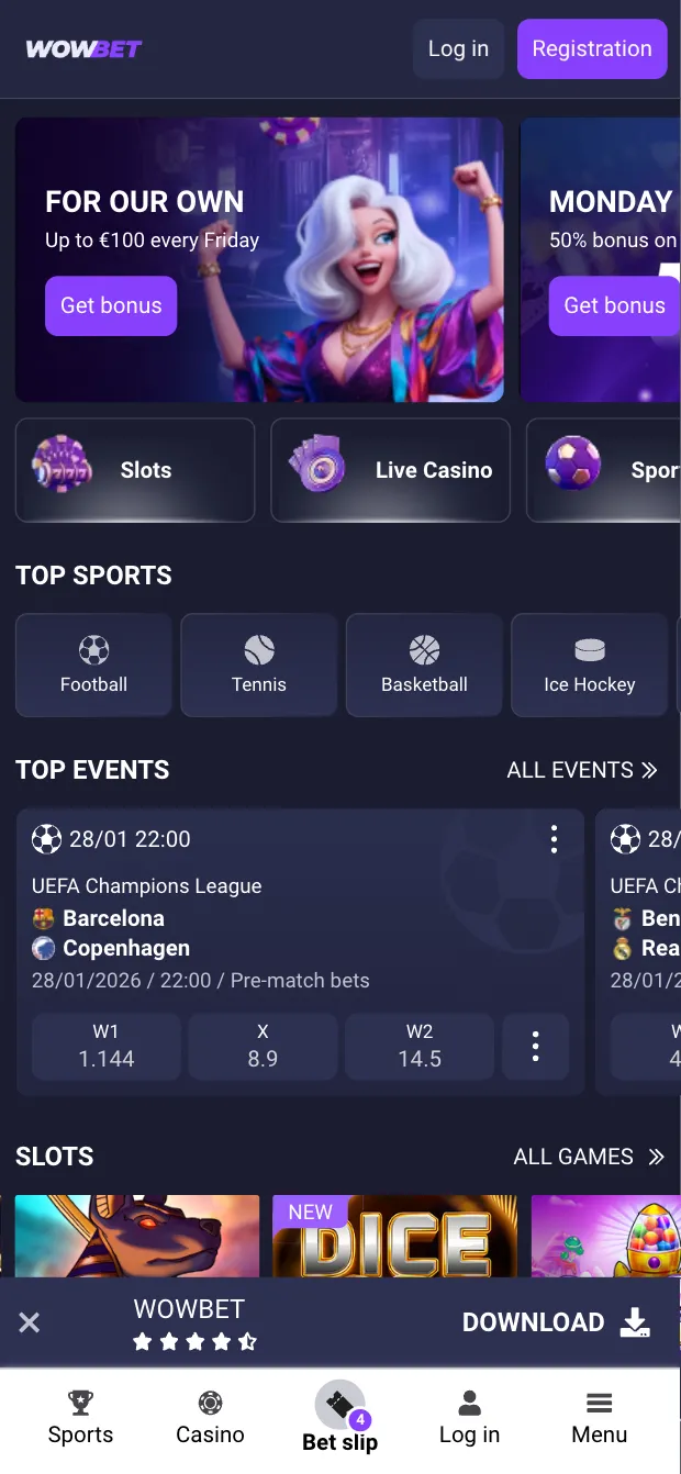 WOWBet mobile app on a handset