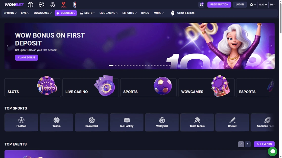 WOWBet sign-up and account interface